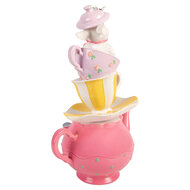 Clayre &amp; Eef   | Decoratie theepot met kopjes gestapeld Wit Roze 16x13x26 cm | 6PR5948