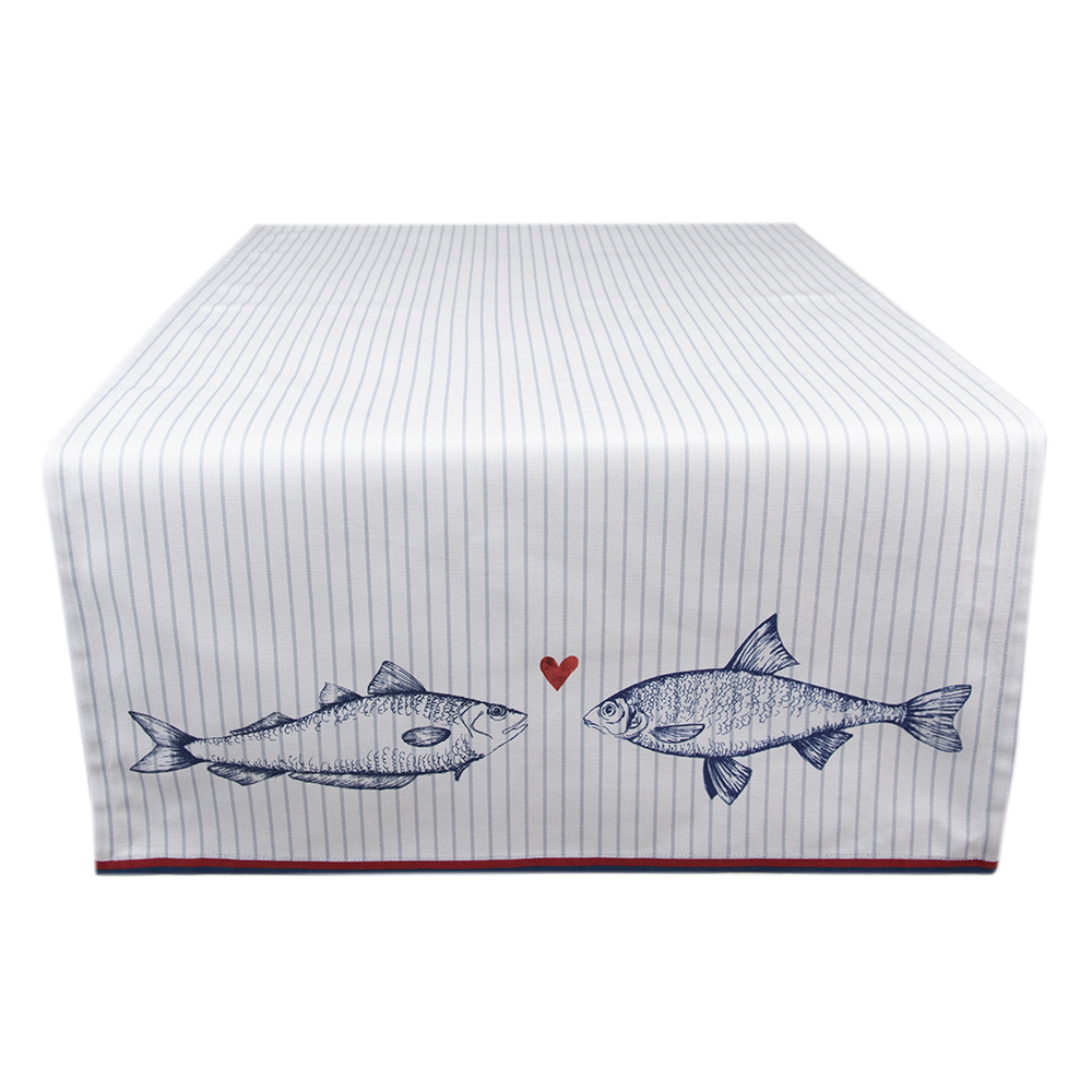 Clayre & Eef   | Tafelloper Wit Blauw 50x140 cm | SSF64