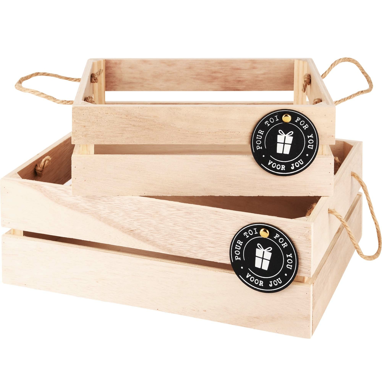 Dekoratief | Set 2 bakjes m/label divers, hout, 29x23x10cm | A225133