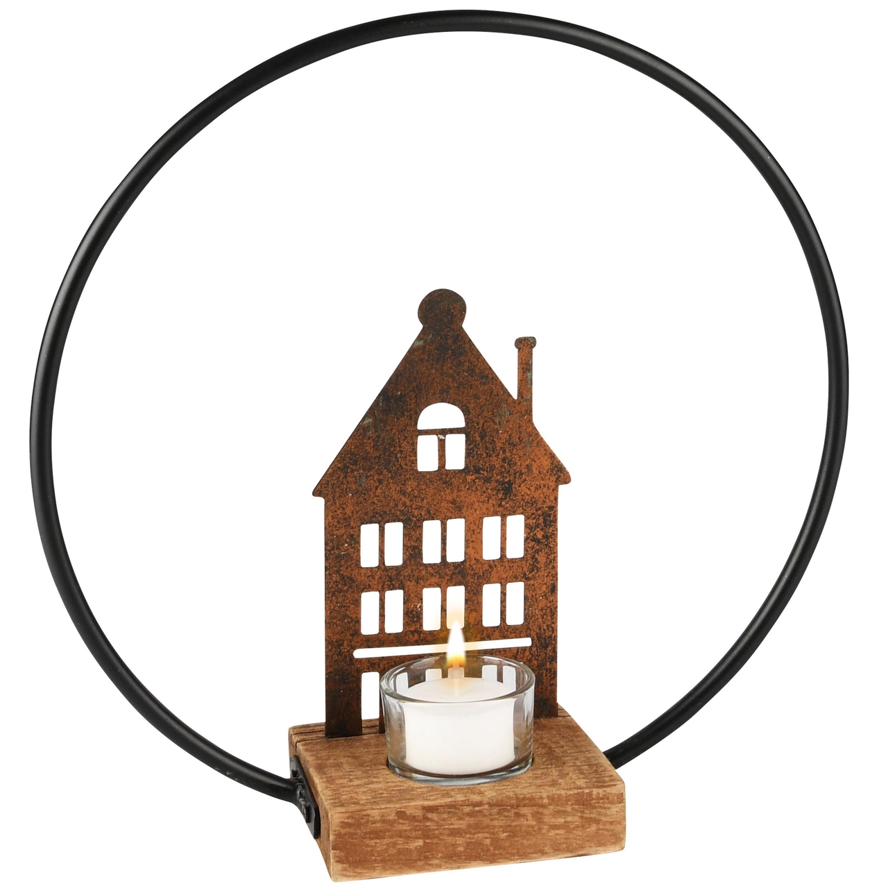 Dekoratief | Theelichthouder boog m/huis, metaal/glas, 28x9x29cm | A235395