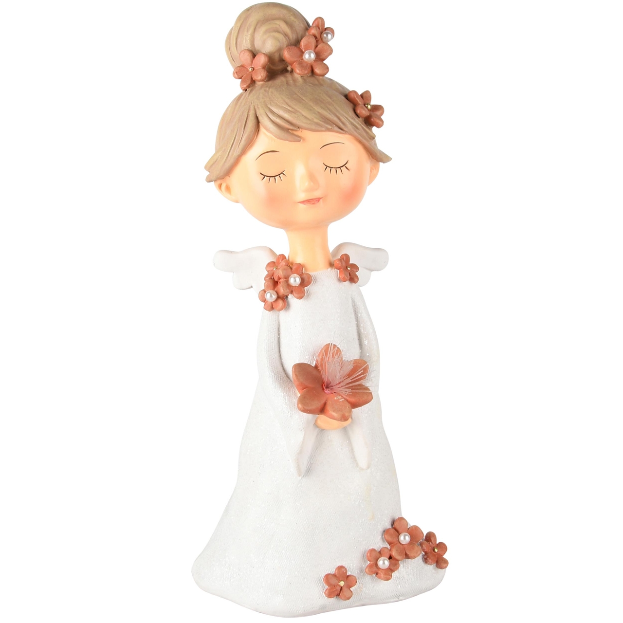Dekoratief | Engelmeisje staand m/bloemen, wit/roze, resina, LED, 12x9x26cm | A245634