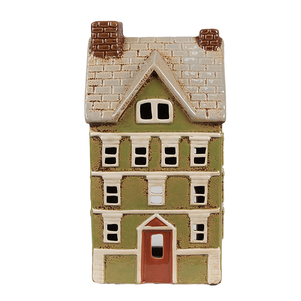 Clayre & Eef   | Theelichthouder Kerst Huisje Groen Beige 14x10x26 cm | 6CE1870