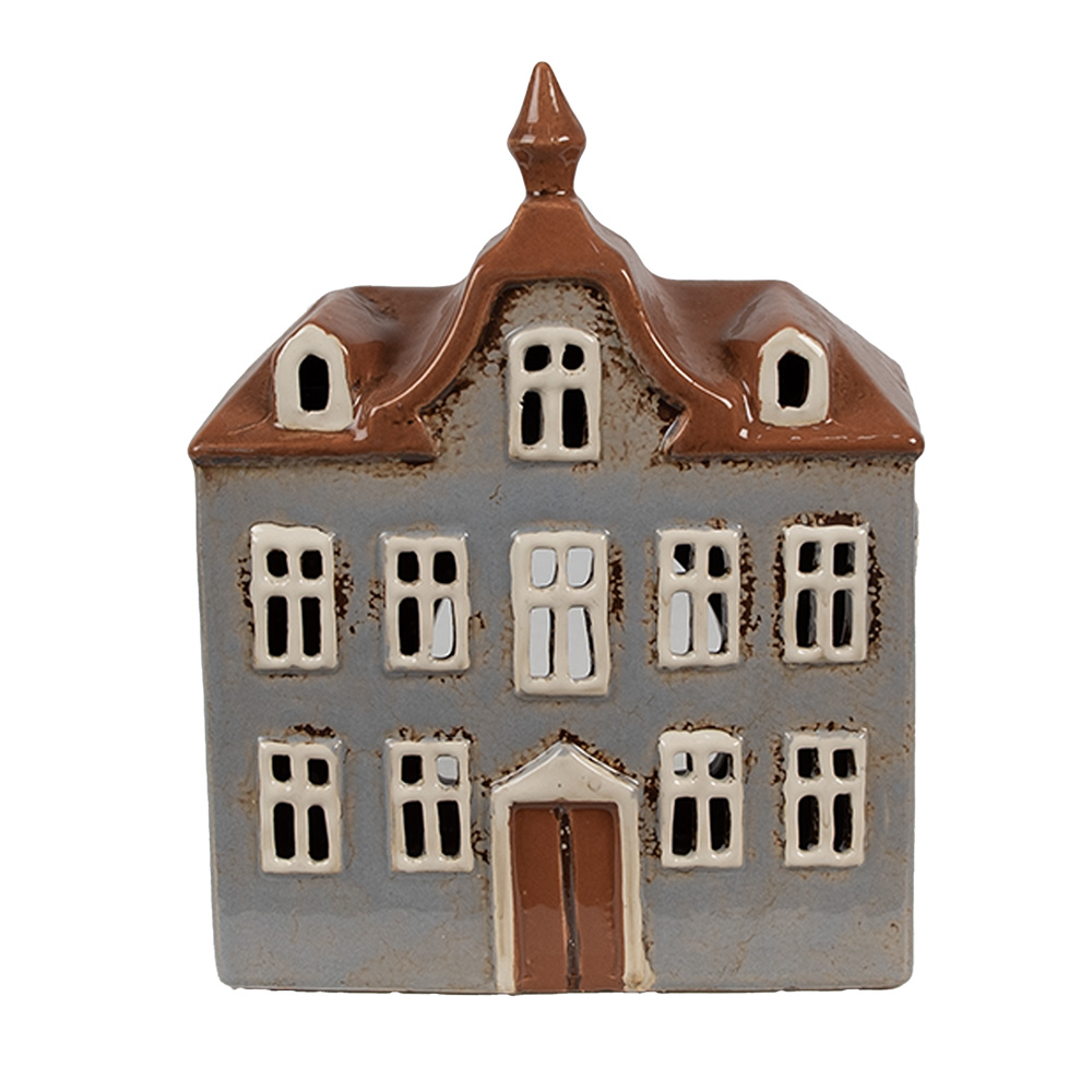 Clayre & Eef   | Theelichthouder Kerst Huisje Grijs Bruin 16x9x20 cm | 6CE1883