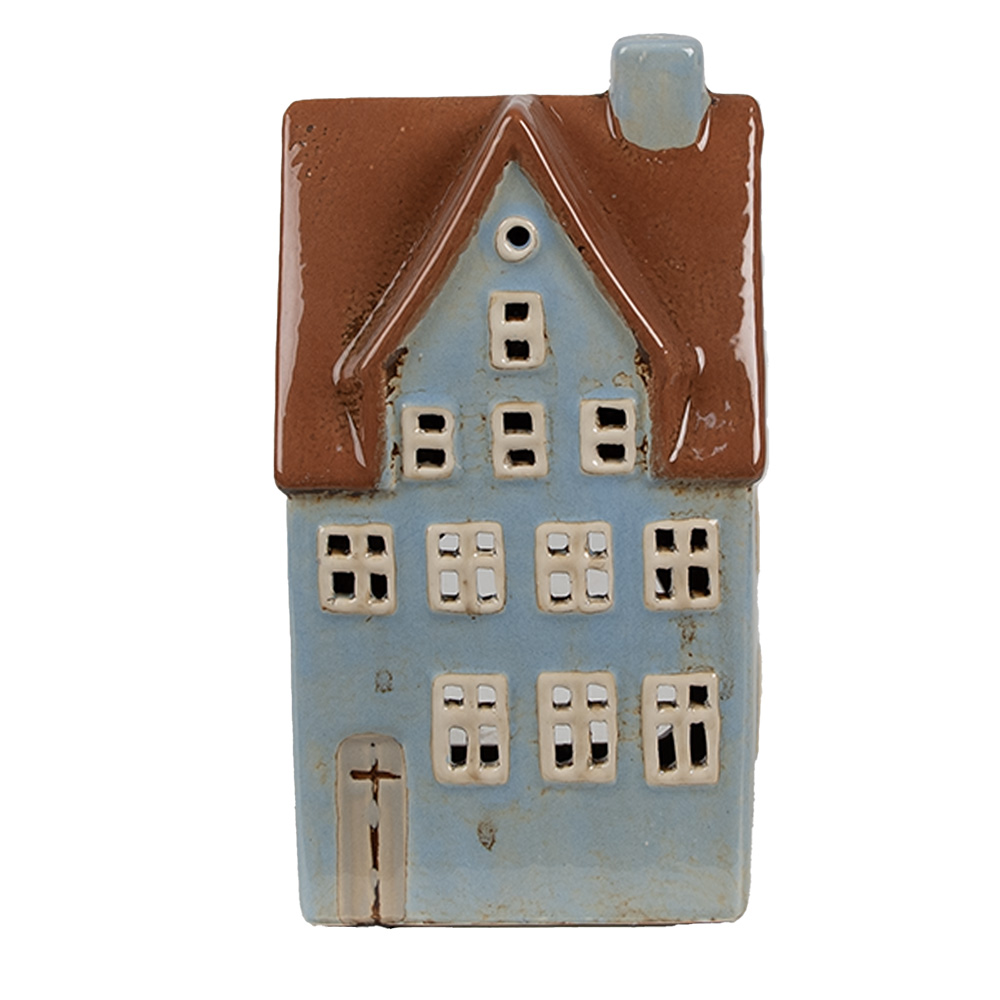 Clayre & Eef   | Theelichthouder Kerst Huisje Blauw Bruin 11x8x20 cm | 6CE1884
