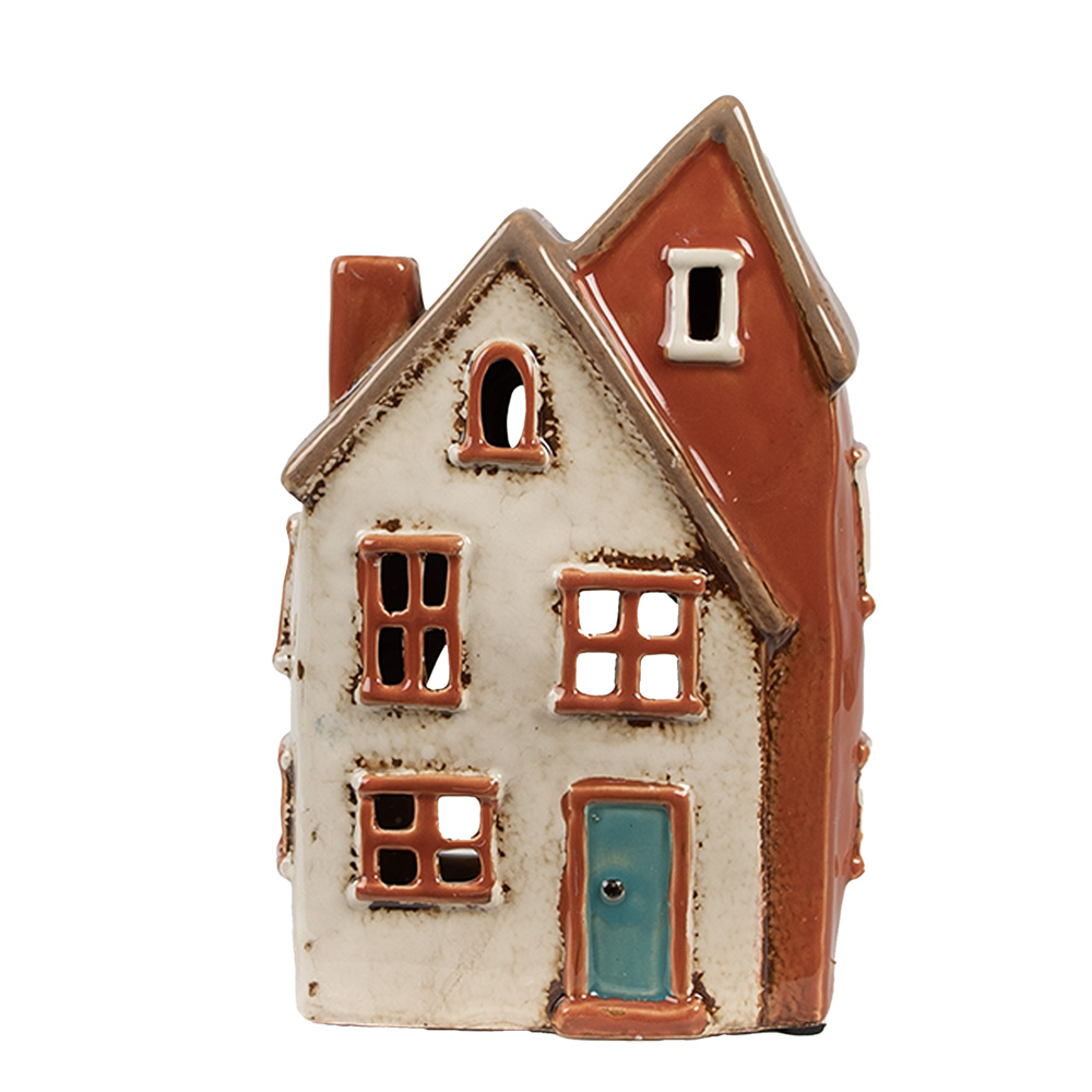 Clayre & Eef   | Theelichthouder Kerst Huisje Beige Oranje 13x8x20 cm | 6CE1908