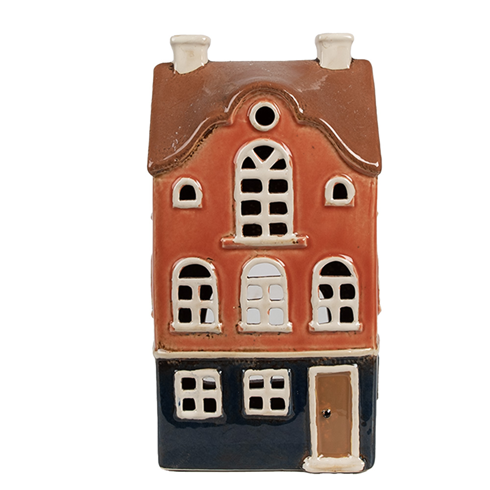 Clayre & Eef   | Theelichthouder Kerst Huisje Oranje Blauw 12x9x22 cm | 6CE1914