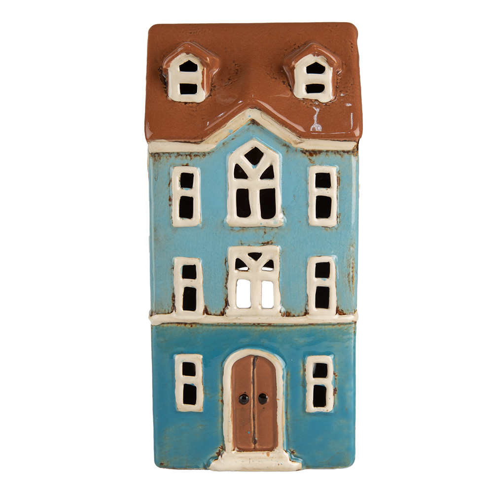Clayre & Eef   | Theelichthouder Kerst Huisje Blauw Bruin 11x9x22 cm | 6CE1915