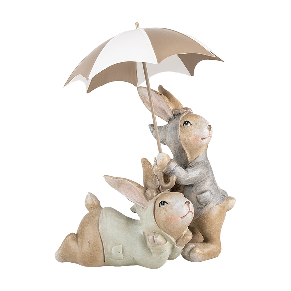 Clayre & Eef   | Decoratie Beeld Konijnen met paraplu Beige Bruin 19x16x23 cm | 6PR5248