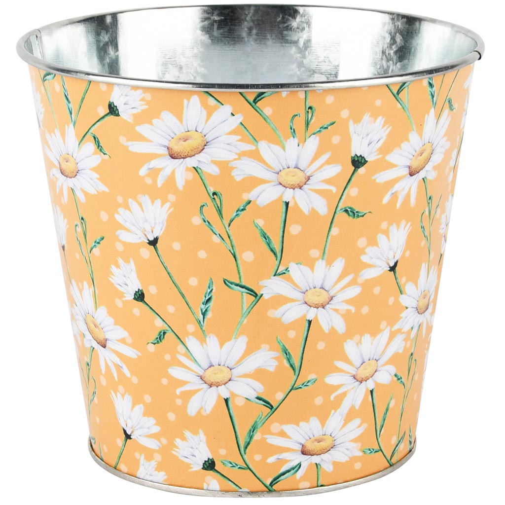 Dekoratief | Bloempot rond 'Daisies Yellow', metaal, 15x15x14cm | A250611