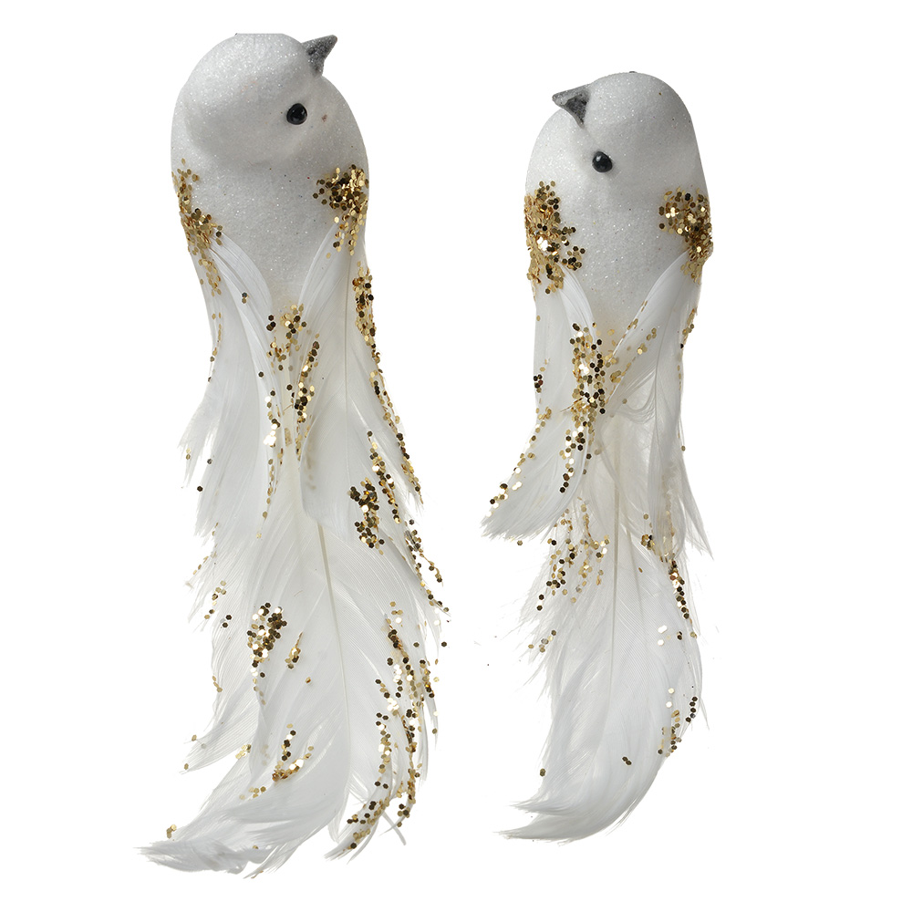 Clayre & Eef   | Decoratie Vogel (Set van 2) Wit Goudkleurig 15x8x5 cm | 66145