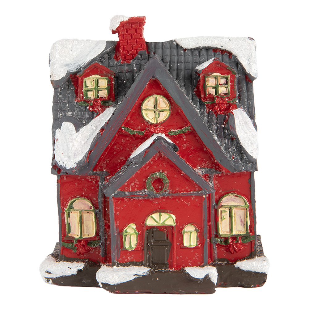 Clayre & Eef   | Decoratie Huisje met LED Rood Grijs 6x5x7 cm | 6PR5739