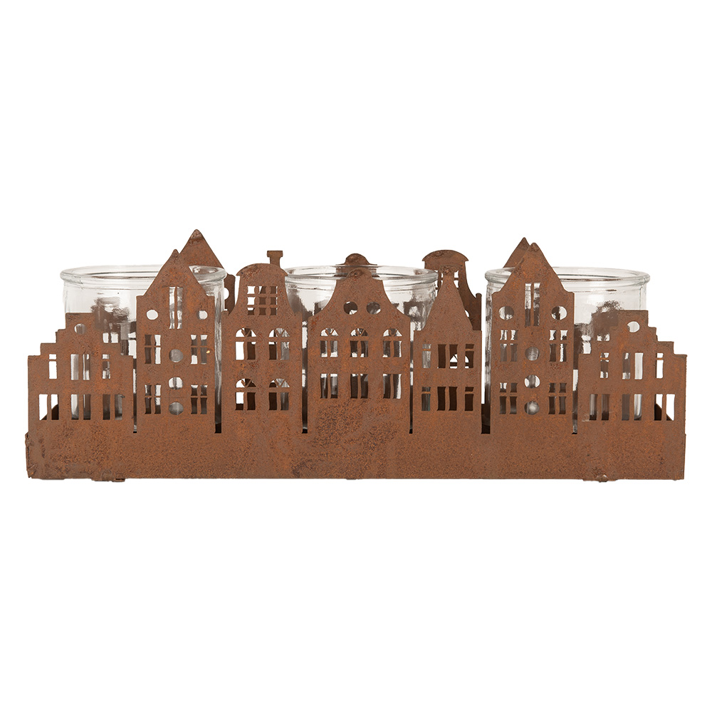 Clayre & Eef   | Theelichthouder Kerst Huisjes Bruin 30x9x11 cm | 6Y5783