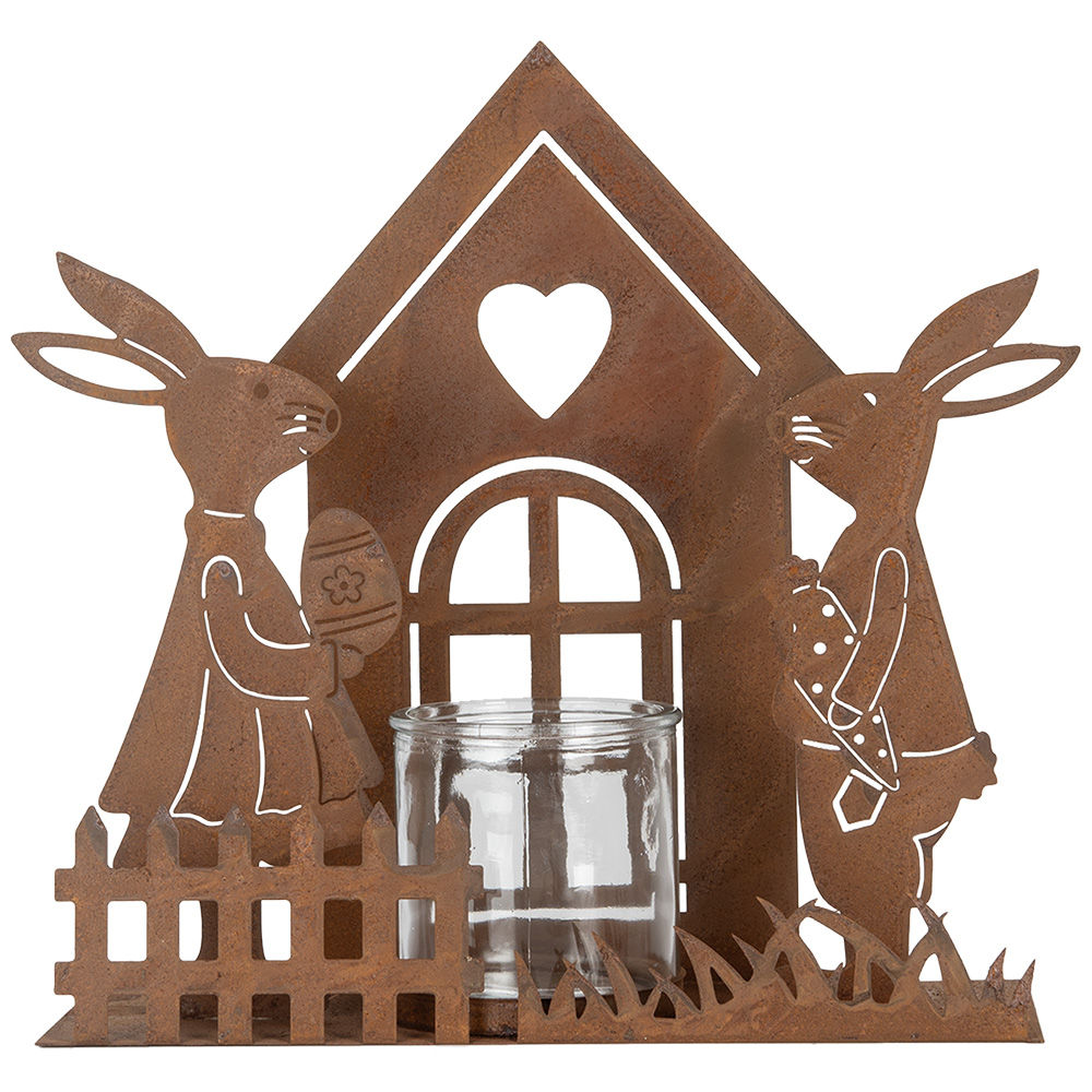 Clayre & Eef   | Theelichthouder Huisje met konijnen Bruin 26x9x26 cm | 6Y5786