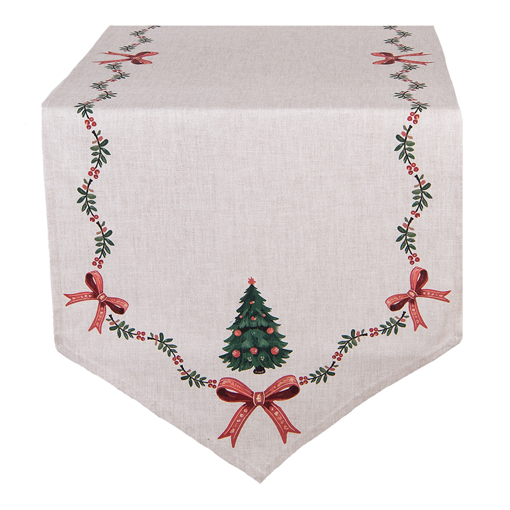 Clayre & Eef   | Tafelloper Beige Groen Rood 50x160 cm | TCH65