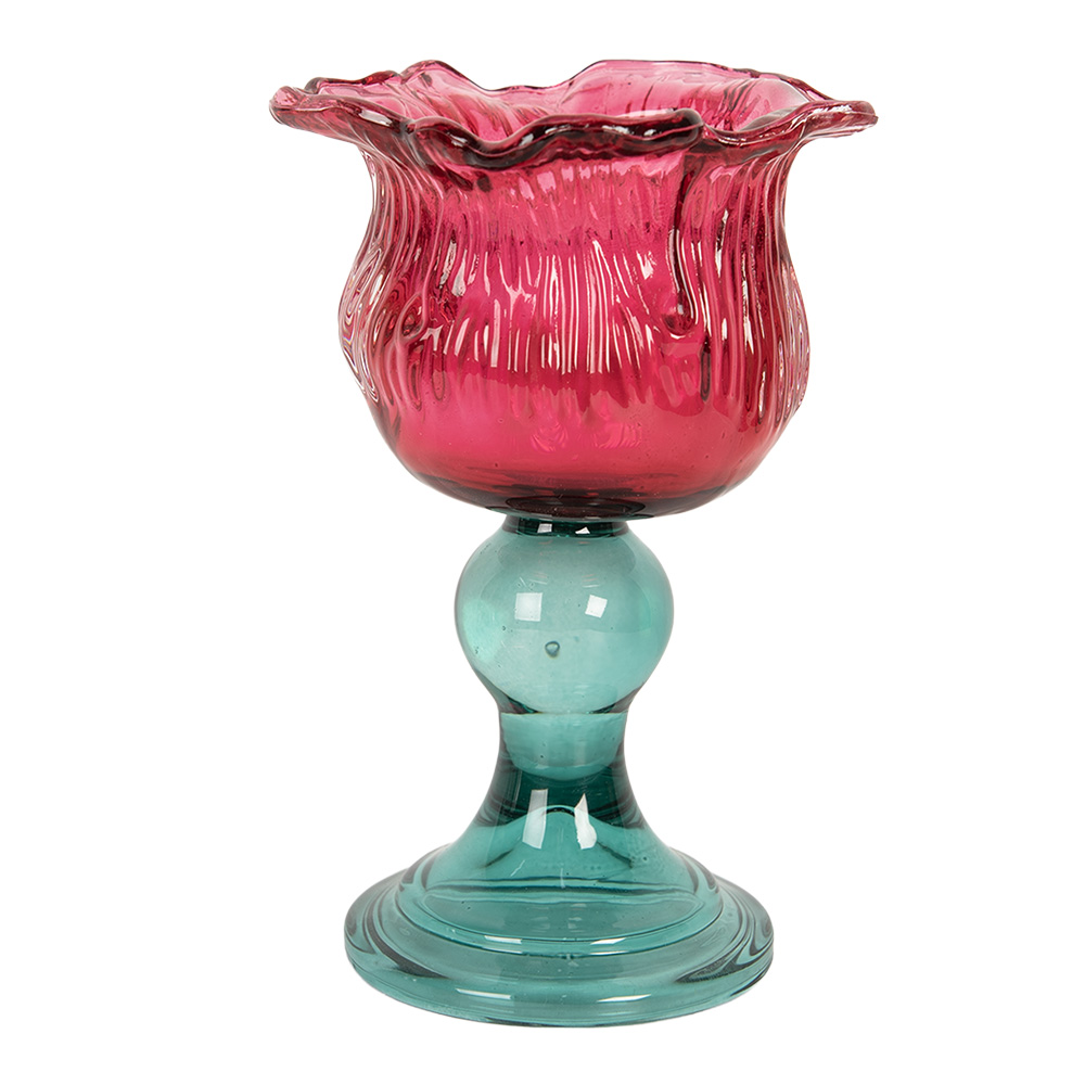 Clayre & Eef   | Glazen Theelichthouder Roze Groen ø 10x16 cm | 6GL5347