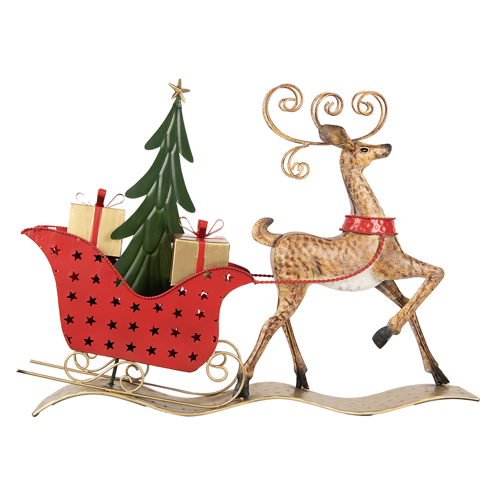Clayre & Eef   | Decoratie Rendier met slee Bruin Rood 68x11x50 cm | 5Y1302