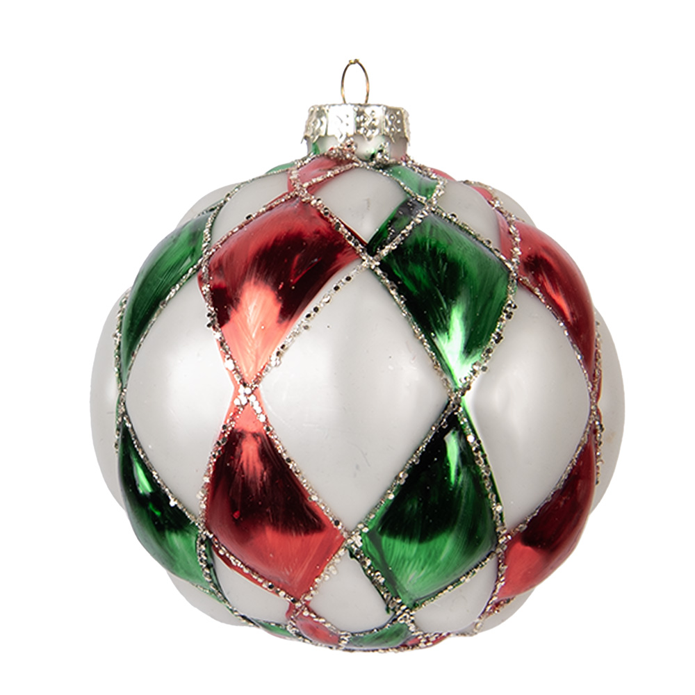 Clayre & Eef   | Kerstbal Wit Rood ø 10x10 cm | 6GL5186