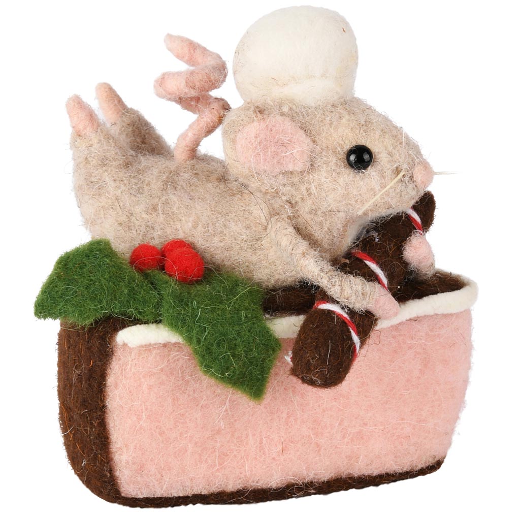 Dekoratief | Gebakje m/muis liggend, roze/bruin, stof, 5x9x8cm | A255335