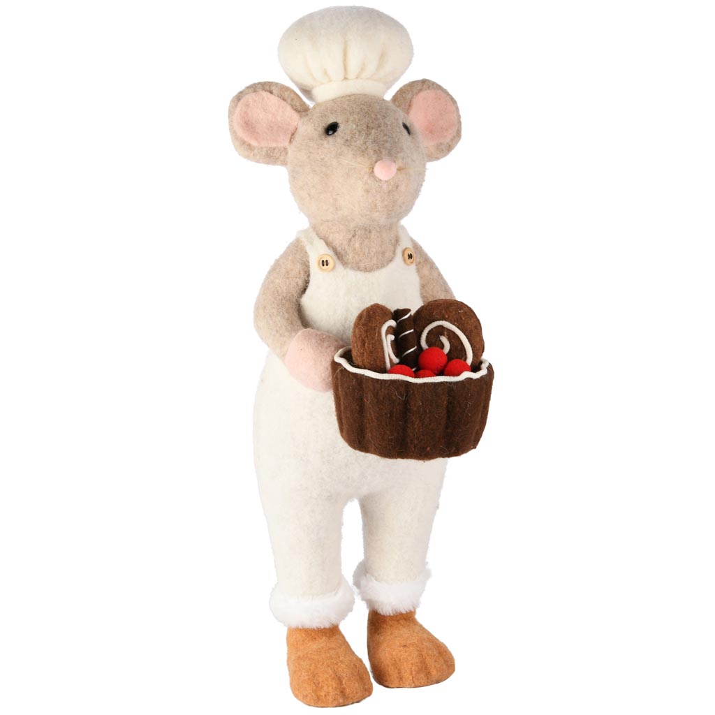 Dekoratief | Bakkersmuis staand m/gebakjes, bruin/wit/roze, stof, 18x25x57cm | A255339