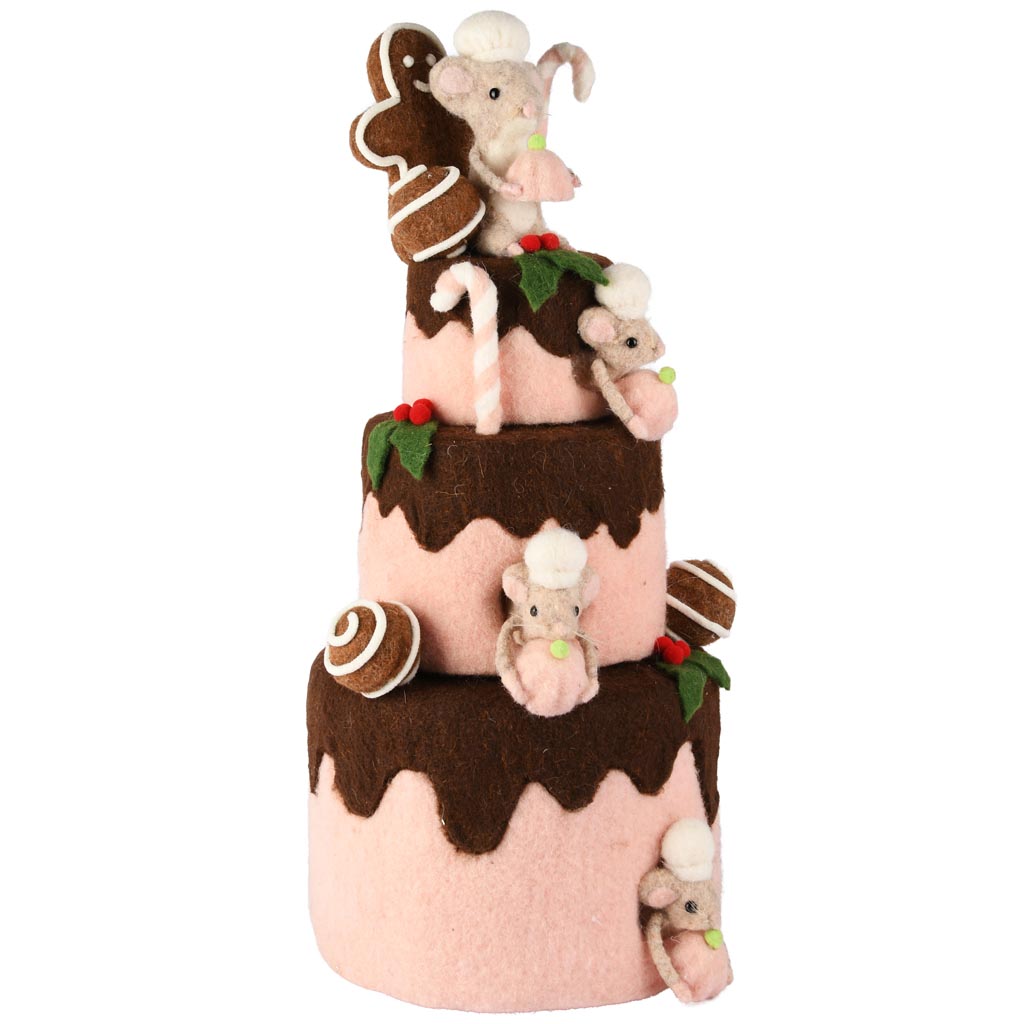 Dekoratief | Taart m/muizen, roze/bruin, stof, 21x25x47cm | A255342