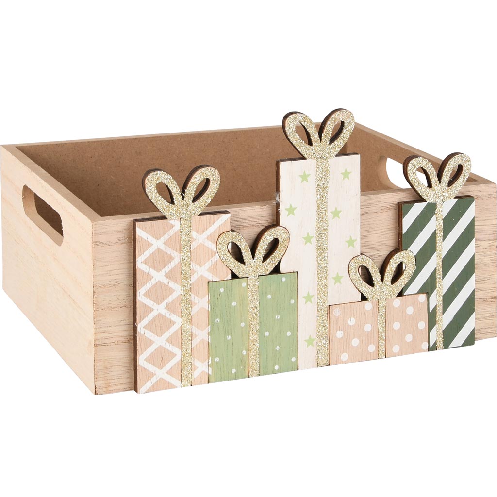 Dekoratief | Bakje m/cadeautjes, groen/naturel, hout, 20x15x12cm | A255384