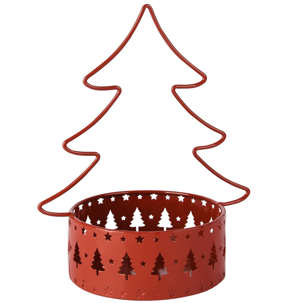 Dekoratief | Bakje ovaal m/kerstboom, rood, metaal, 17x12x20cm | A255387