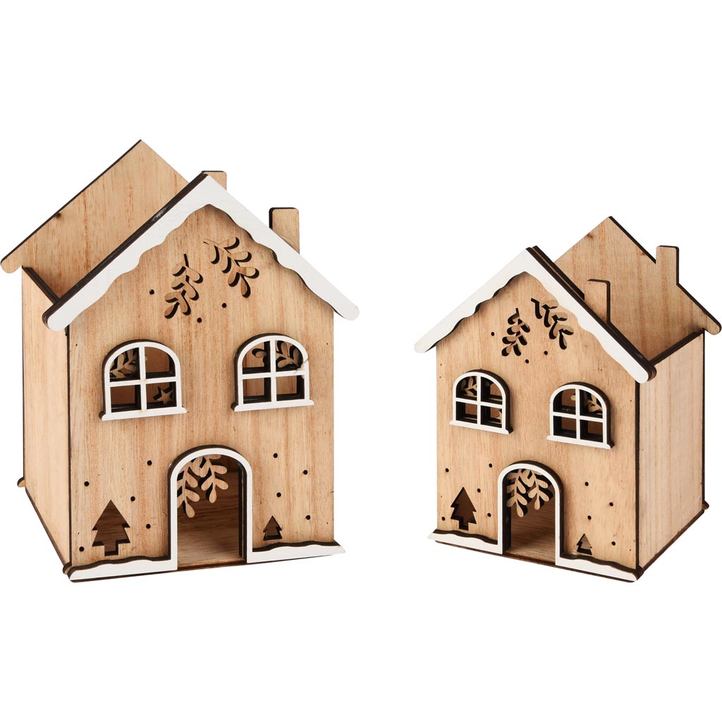 Dekoratief | Set 2 bakjes huisje m/sneeuw/bomen, naturel/wit, hout, 13x12x16cm | A255452