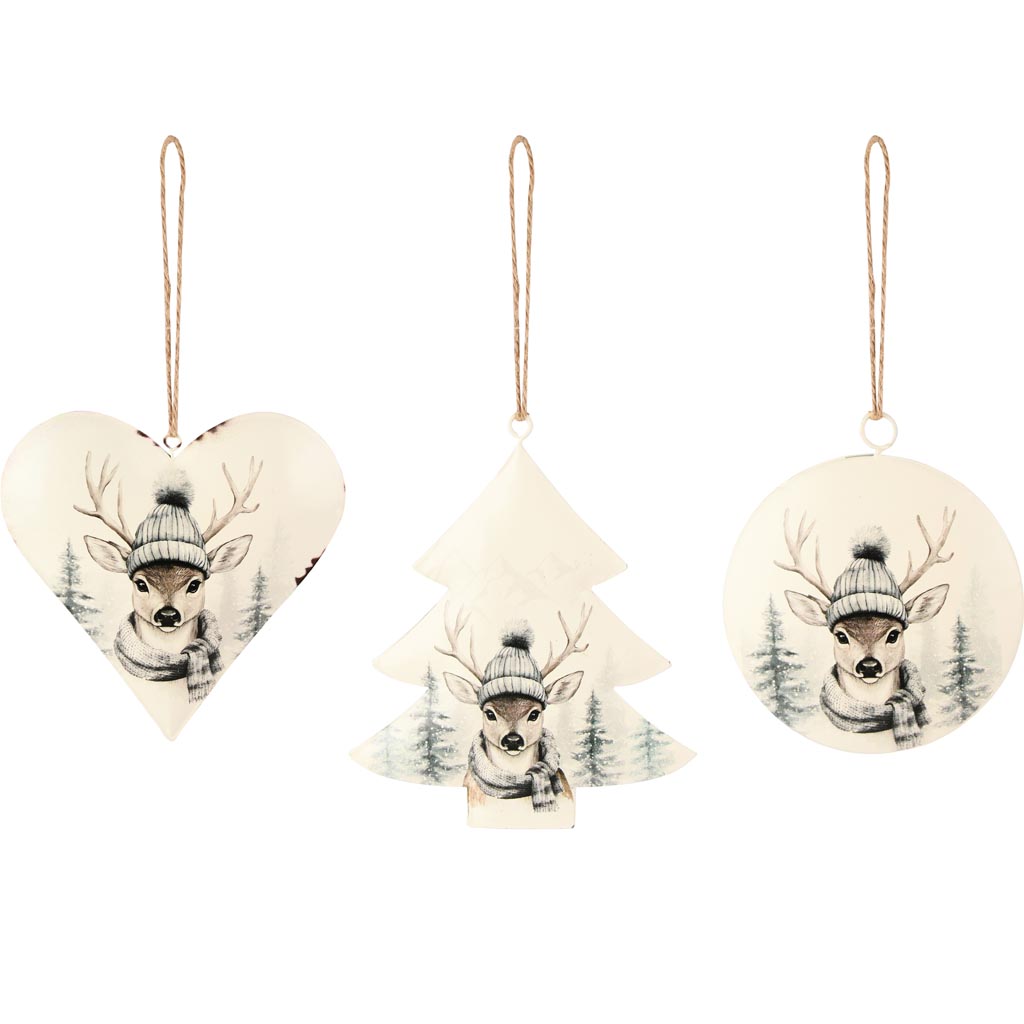 Dekoratief | Hanger hartje/boompje/bal 'Winter Deer', metaal, 12x14x1cm, set van 3 stuks | A255477