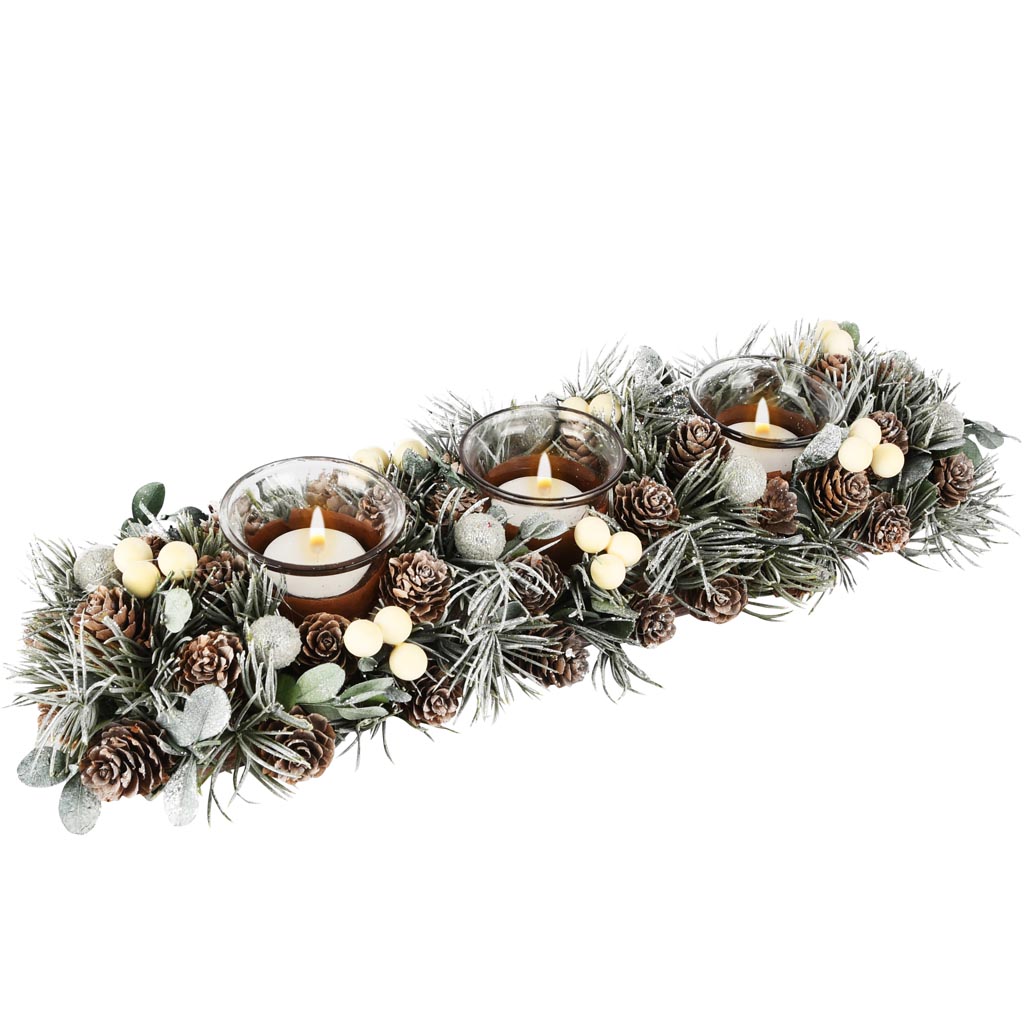 Dekoratief | Tafelstuk m/dennenappels/takjes, naturel/wit, 41x13x7cm | A255591