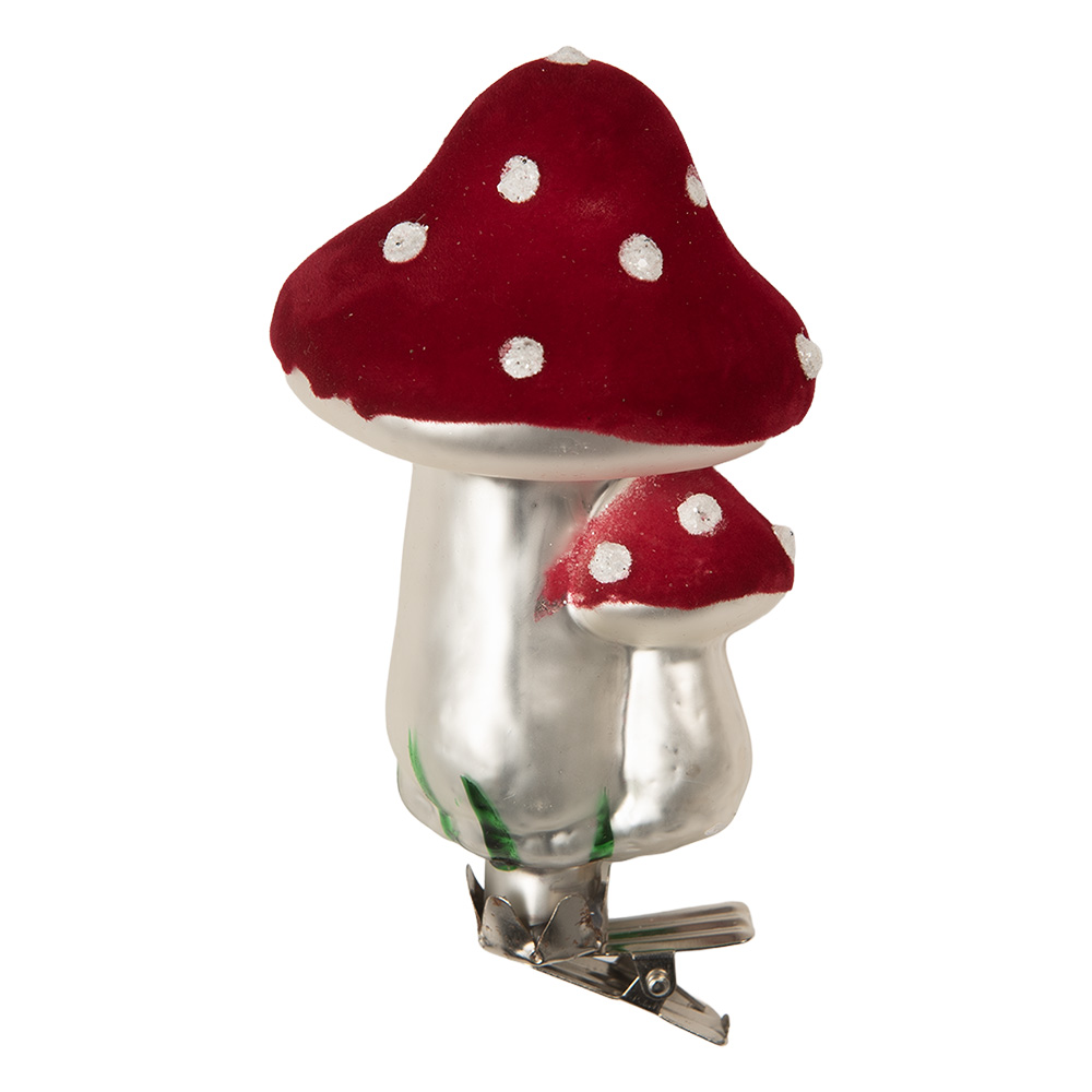 Clayre & Eef   | Knijper kerstornament Paddenstoelen Rood Zilverkleurig ø 6x11 cm | 6GL5307