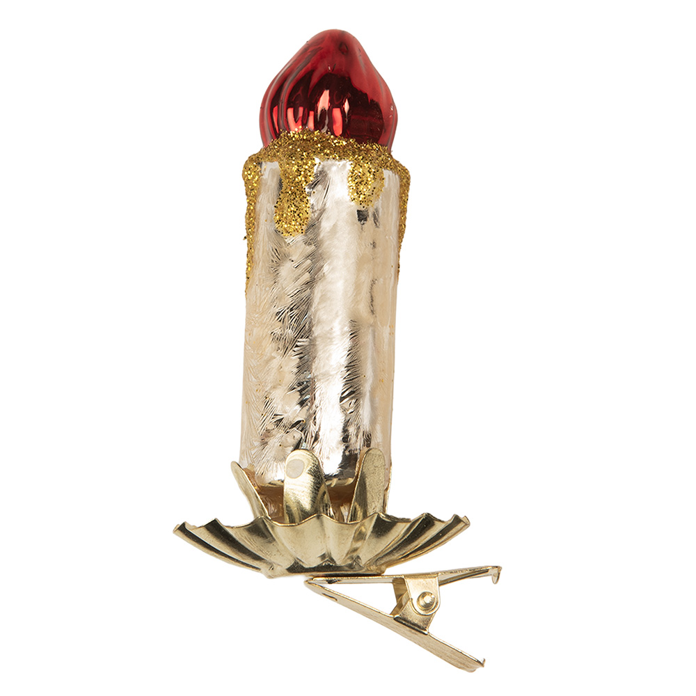 Clayre & Eef   | Knijper kerstornament kaars Zilverkleurig Rood 5x4x9 cm | 6GL5312