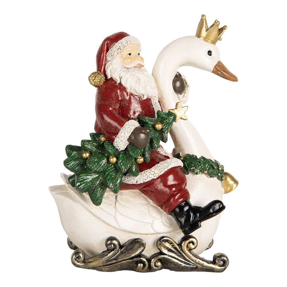 Clayre & Eef   | Kerstdecoratie Kerstman op zwaan Rood Wit 13x10x16 cm | 6PR5671