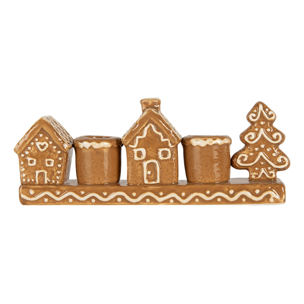 Clayre & Eef   | Kandelaar Huisjes Bruin Wit 21x4x8 cm | 6CE2327