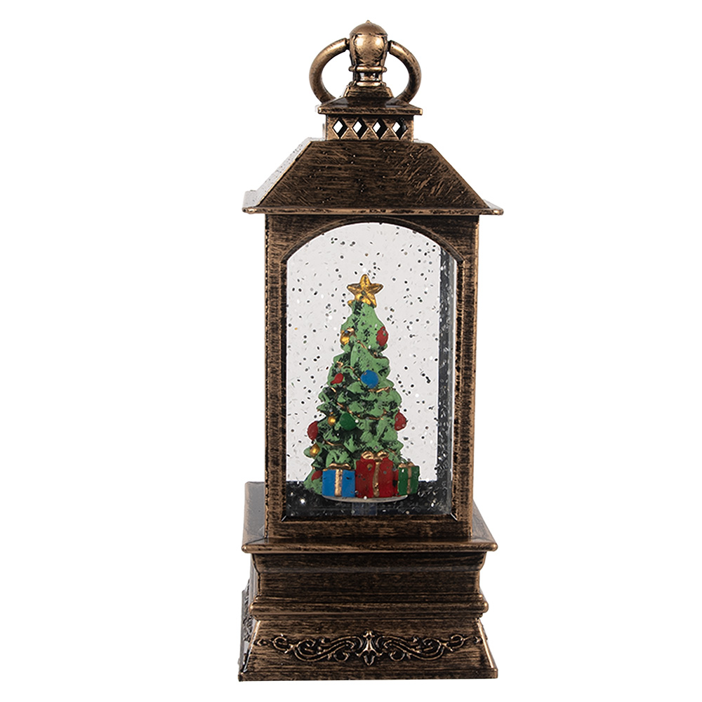 Clayre & Eef   | Kerstdecoratie Lantaarn met Kerstboom Bruin 8x8x20 cm / 3xAAA | 66408