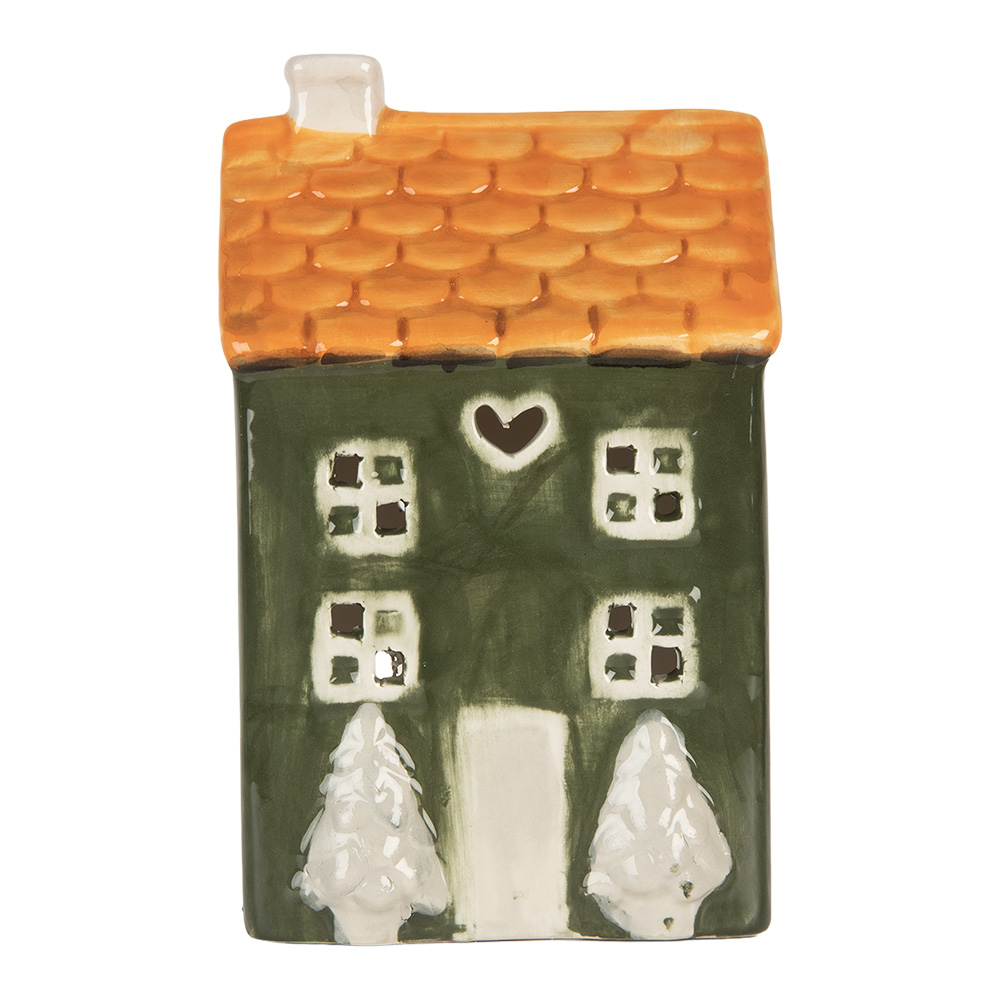Clayre & Eef   | Theelichthouder Kerst Huisje Groen Oranje 9x8x15 cm | 6CE2276