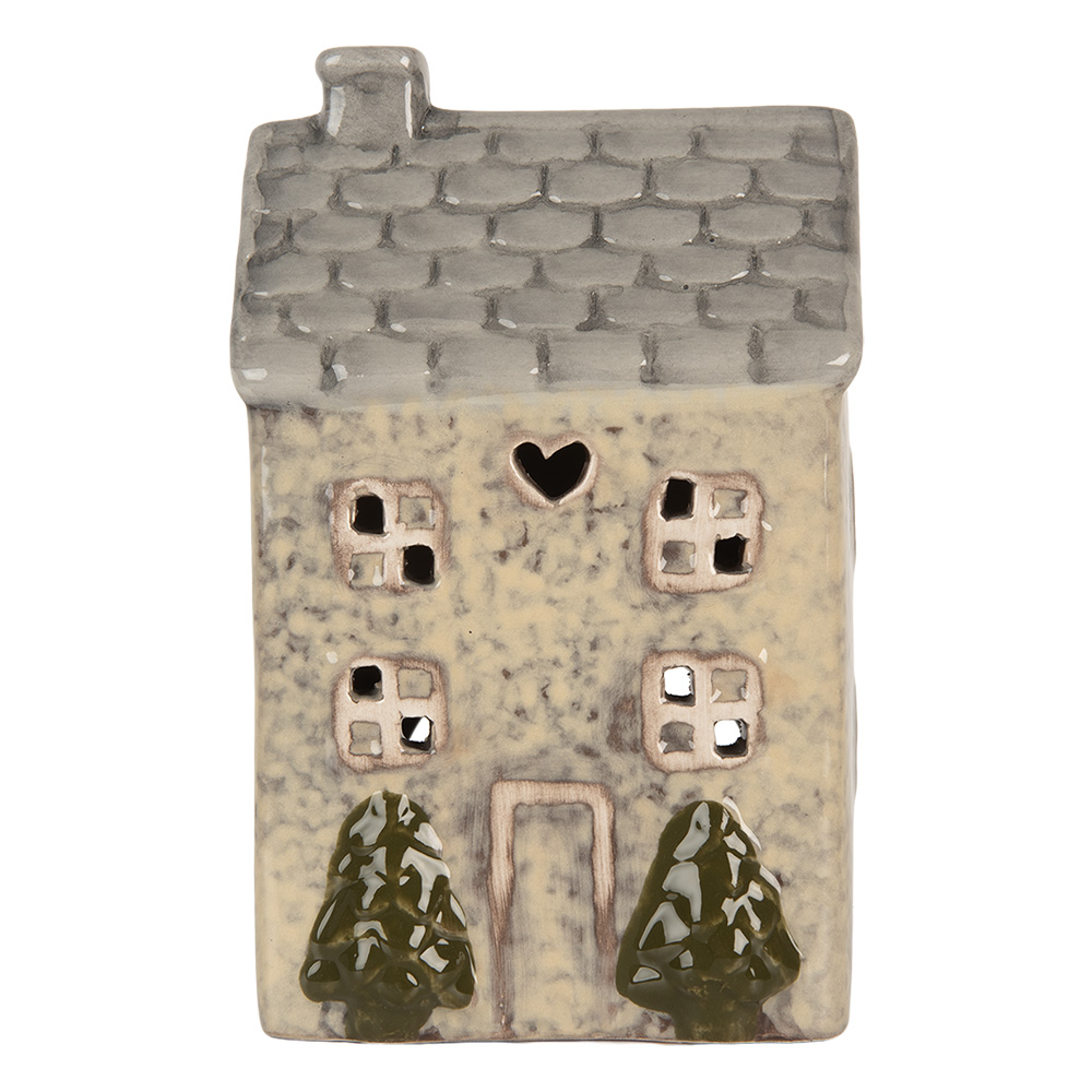 Clayre & Eef   | Theelichthouder Kerst Huisje Beige Grijs 9x8x15 cm | 6CE2277