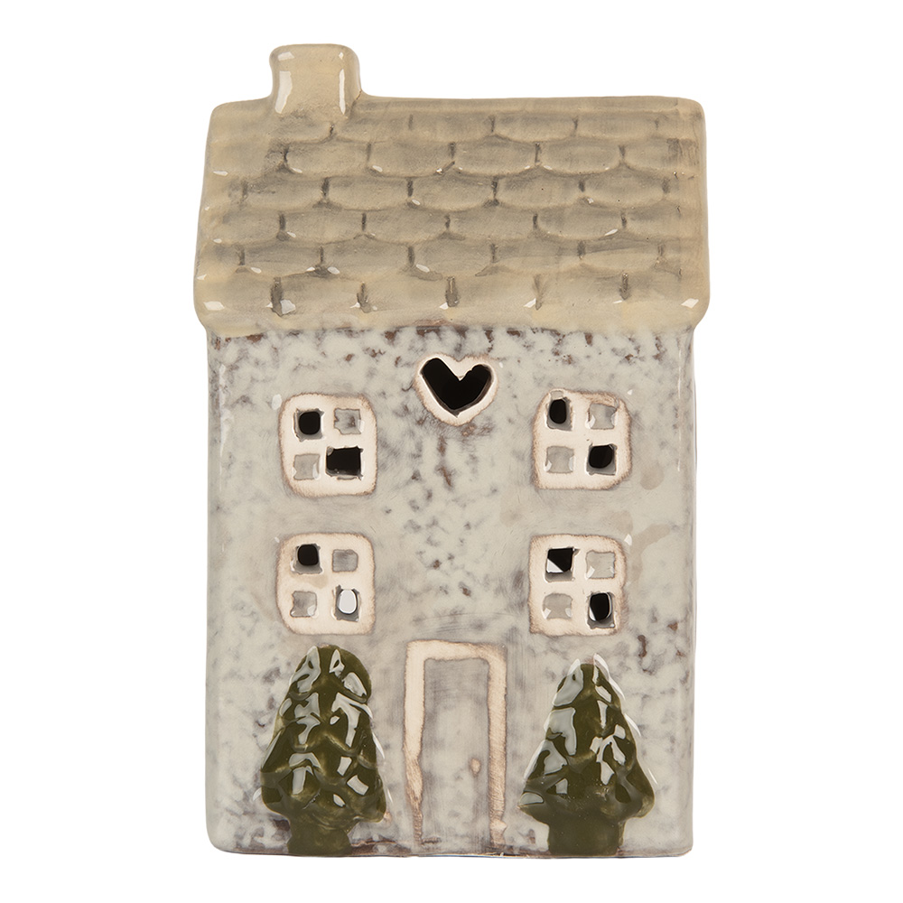 Clayre & Eef   | Theelichthouder Kerst Huisje Grijs Beige 9x8x15 cm | 6CE2278