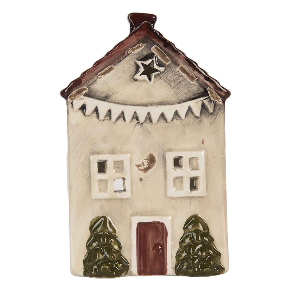 Clayre & Eef   | Theelichthouder Kerst Huisje Beige Rood 10x8x15 cm | 6CE2279