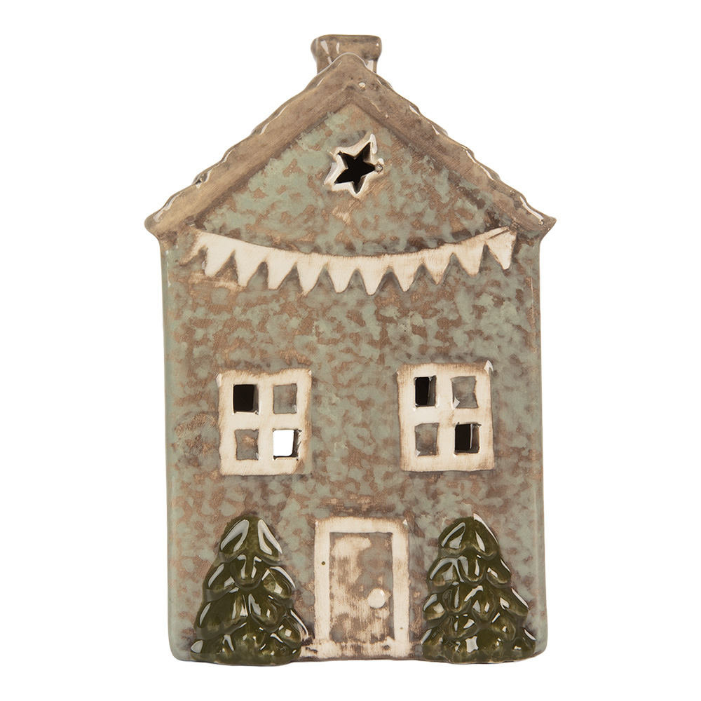 Clayre & Eef   | Theelichthouder Kerst Huisje Groen Beige 10x8x15 cm | 6CE2281