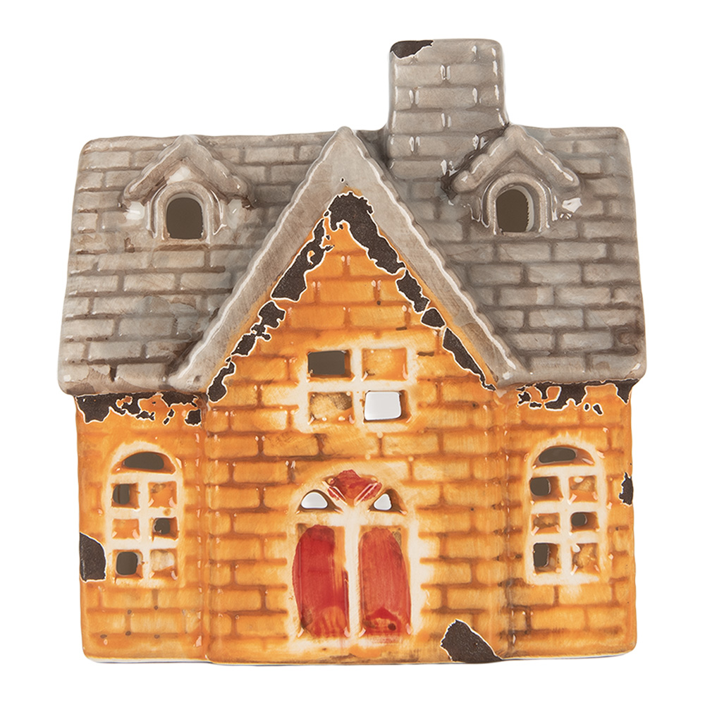 Clayre & Eef   | Theelichthouder Kerst Huisje Oranje Beige 13x8x14 cm | 6CE2283