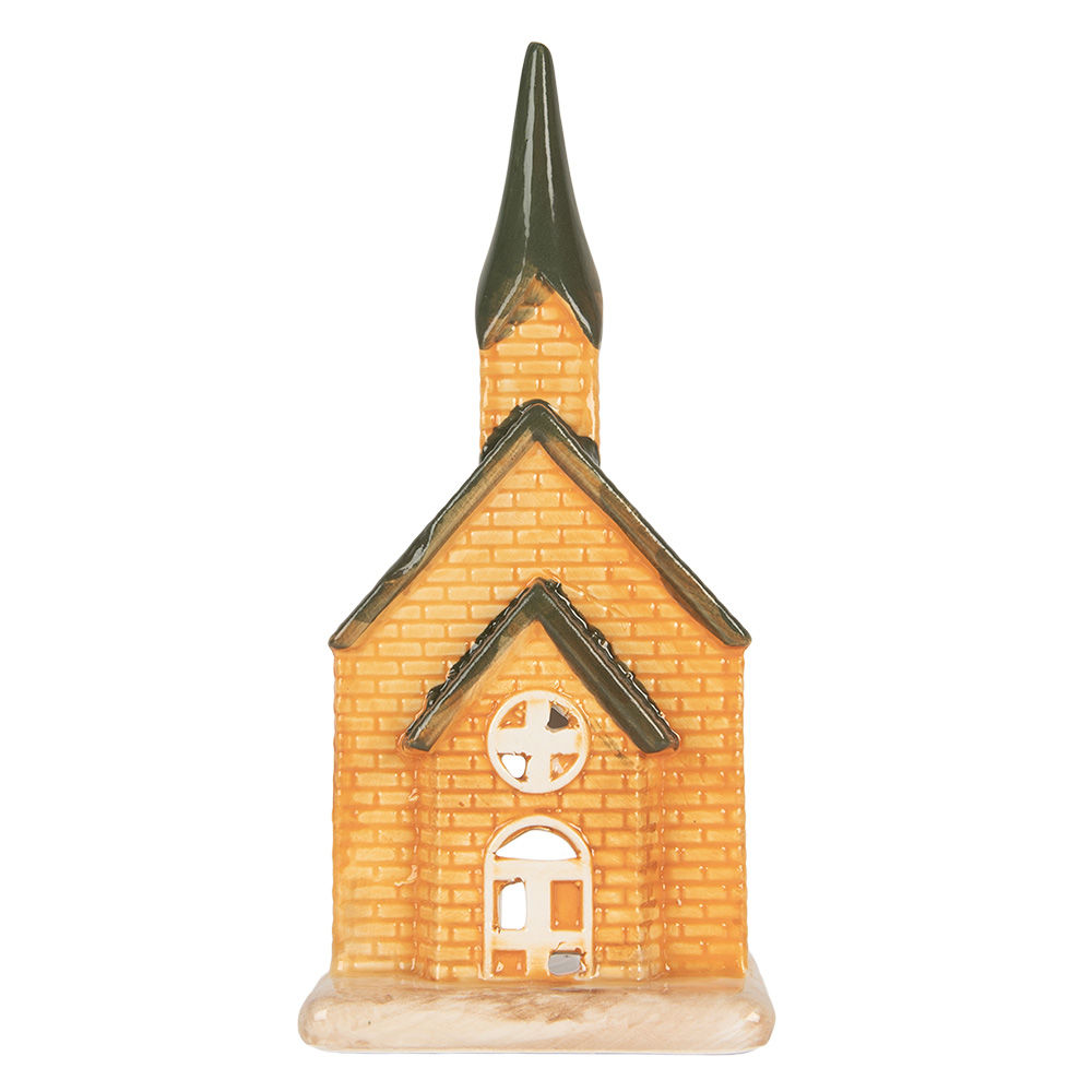 Clayre & Eef   | Theelichthouder Kerst Huisje Oranje Groen 9x8x21 cm | 6CE2287