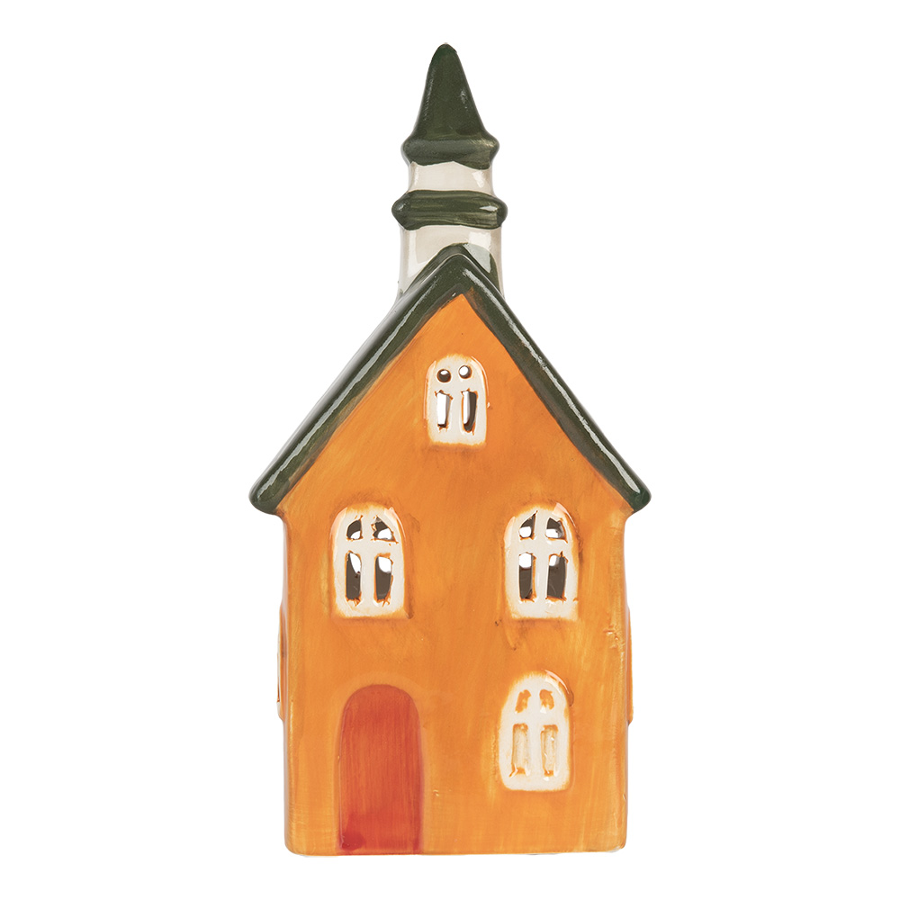 Clayre & Eef   | Theelichthouder Kerst Huisje Oranje Groen 10x7x21 cm | 6CE2288