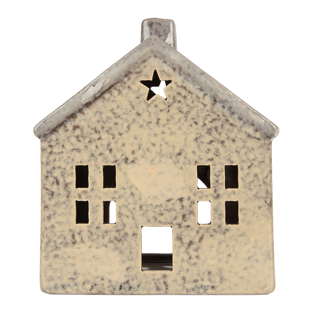 Clayre & Eef   | Theelichthouder Kerst Huisje Beige Grijs 13x8x15 cm | 6CE2289