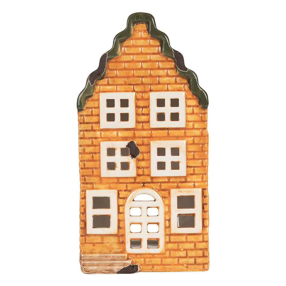 Clayre & Eef   | Theelichthouder Kerst Huisje Oranje Groen 9x10x19 cm | 6CE2302