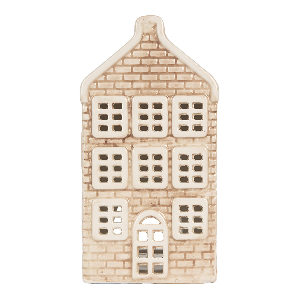 Clayre & Eef   | Theelichthouder Kerst Huisje Beige Groen 9x10x19 cm | 6CE2305