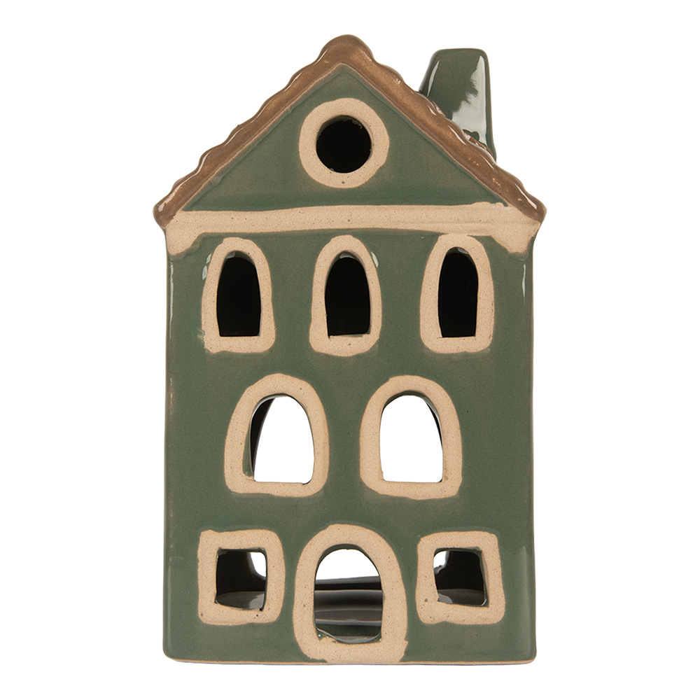 Clayre & Eef   | Theelichthouder Kerst Huisje Groen Bruin 9x8x15 cm | 6CE2309