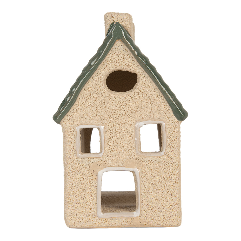 Clayre & Eef   | Theelichthouder Kerst Huisje Beige Groen 8x11x14 cm | 6CE2310