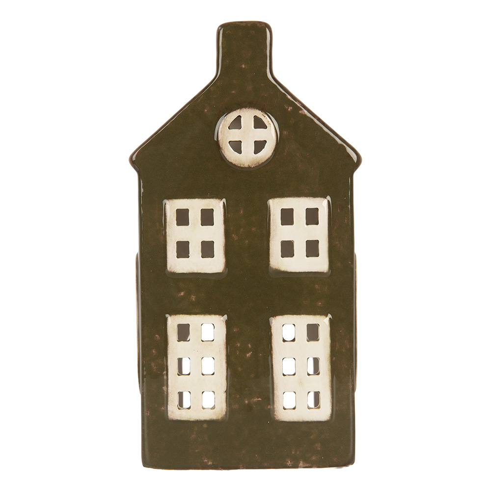 Clayre & Eef   | Theelichthouder Kerst Huisje Groen Bruin 8x6x16 cm | 6CE2285