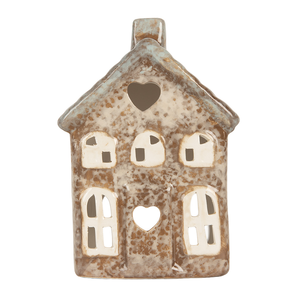 Clayre & Eef   | Theelichthouder Kerst Huisje Beige Groen 9x6x13 cm | 6CE2291