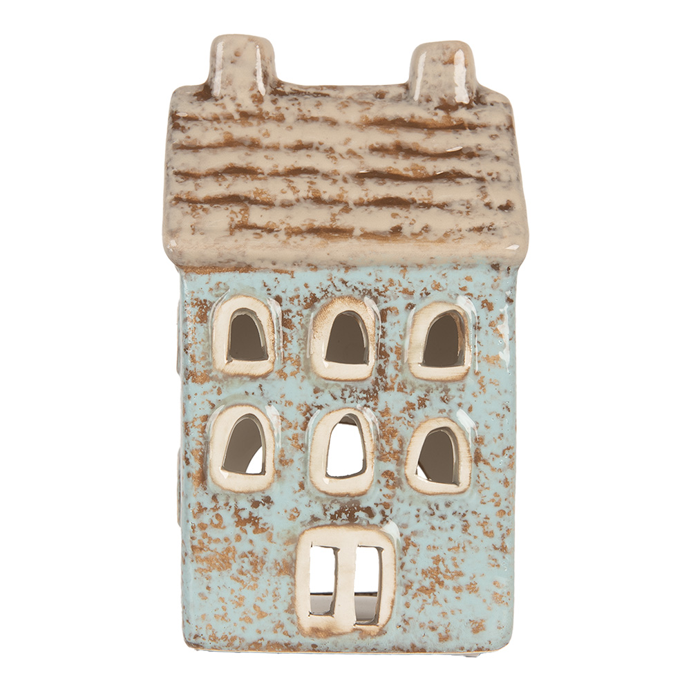 Clayre & Eef   | Theelichthouder Kerst Huisje Blauw Beige 8x7x15 cm | 6CE2293